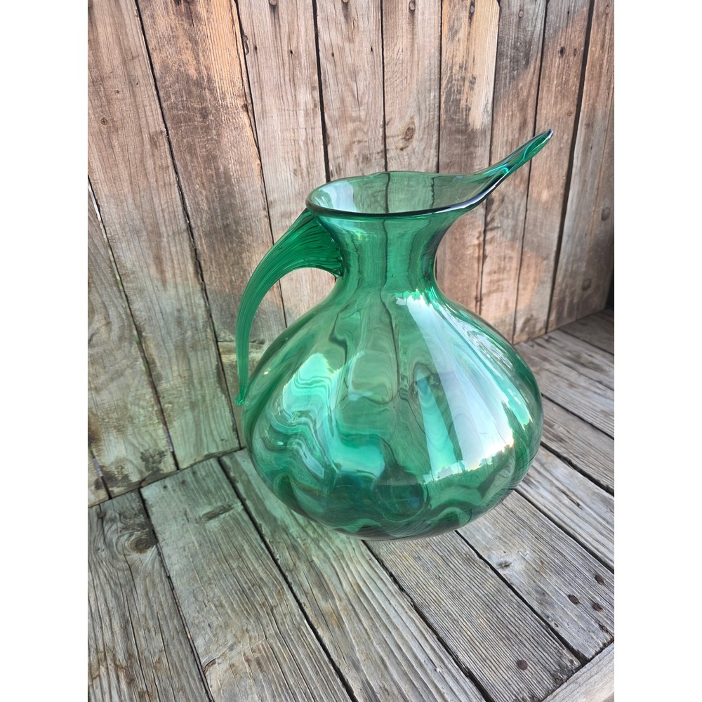 Vintage Emerald Green Hand Blown Glass Pitcher Optic Rib Mid Century Modern 15"